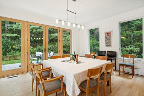 Dining room, Interior, Pendant Lights, Wood Texture Flooring