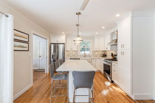 Interior, Kitchen, Pendant Lights, Recessed Lighting, Stainless Steel Appliances, Wood Texture Flooring