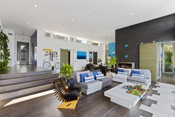 Fireplace, Interior, Living room, Recessed Lighting, Wood Texture Flooring