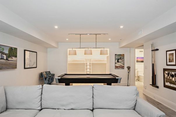 Billiard Table, Game Room, Interior, Pendant Lights, Recessed Lighting, Wood Texture Flooring