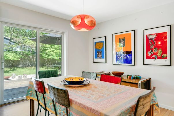 Dining room, Interior, Pendant Lights, Wood Texture Flooring