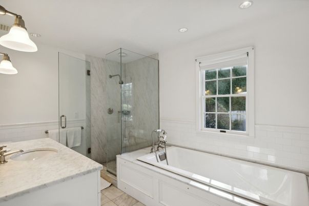 Bathroom, Dual Sink Vanities, Glass Shower, Interior, Pendant Lights, Recessed Lighting