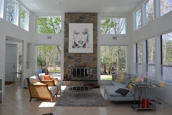Fireplace, Interior, Living room, Stone Walls, Sun Room, Wood Texture Flooring