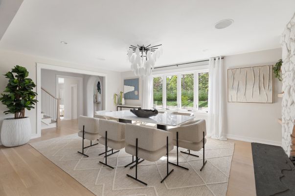 Dining room, Interior, Pendant Lights, Recessed Lighting, Wood Texture Flooring