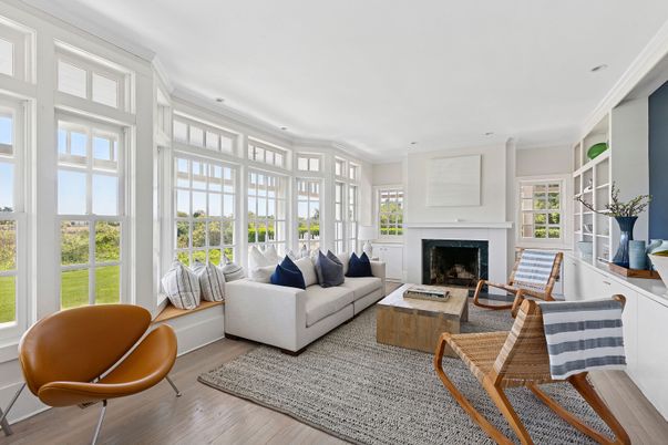 Fireplace, Interior, Living room, Recessed Lighting, Sun Room, Wood Texture Flooring