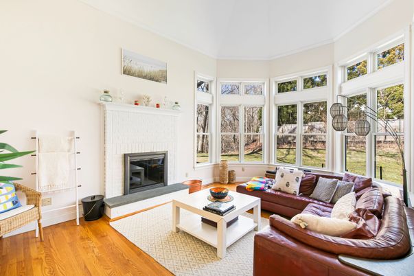 Fireplace, Interior, Living room, Sun Room, Wood Texture Flooring