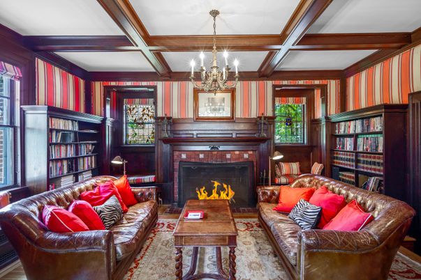 Chandelier, Fireplace, Interior, Living room, Wooden Beams, Wooden Walls