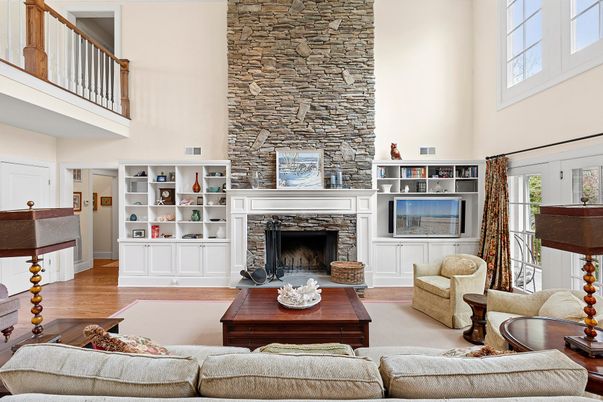 Fireplace, Interior, Living room, Stone Walls, Wood Texture Flooring