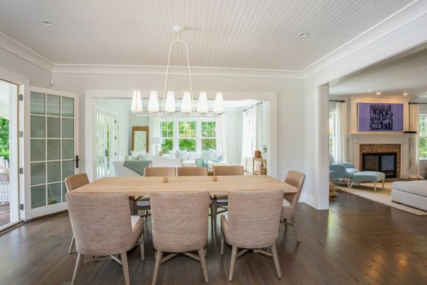 Dining room, Fireplace, Interior, Living room, Pendant Lights, Recessed Lighting, Wood Texture Flooring