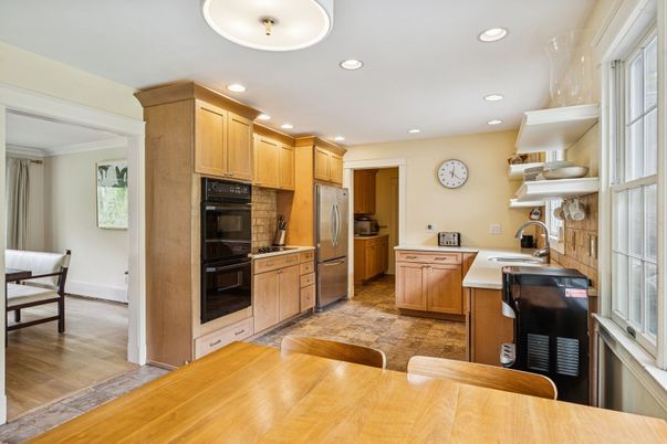 Dining room, Interior, Kitchen, Recessed Lighting, Stainless Steel Appliances, Wood Texture Flooring