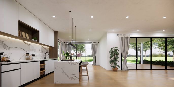 Interior, Kitchen, Marble Walls, Pendant Lights, Recessed Lighting, Wood Texture Flooring
