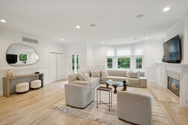 Fireplace, Interior, Living room, Recessed Lighting, Wood Texture Flooring