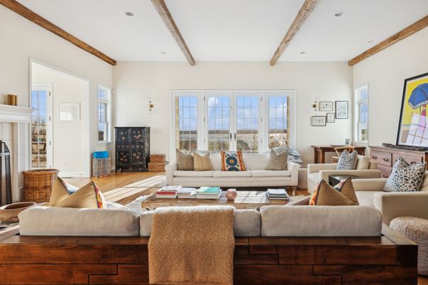 Fireplace, Interior, Living room, Recessed Lighting, Wooden Beams, Wood Texture Flooring