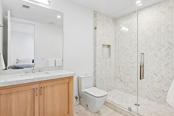 Bathroom, Glass Shower, Interior, Marble, Marble Walls, Recessed Lighting