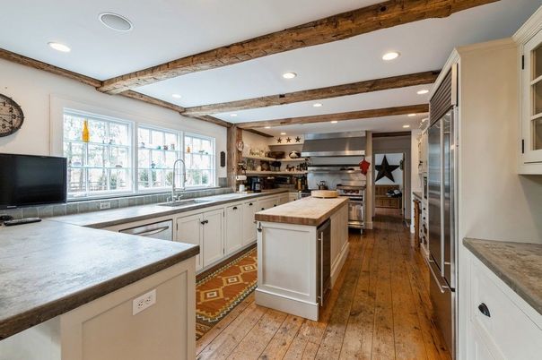 Interior, Kitchen, Recessed Lighting, Stainless Steel Appliances, Wooden Beams, Wood Texture Flooring