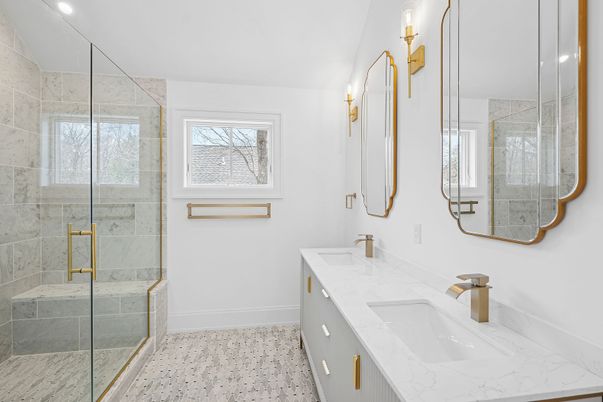 Bathroom, Dual Sink Vanities, Glass Shower, Interior, Recessed Lighting