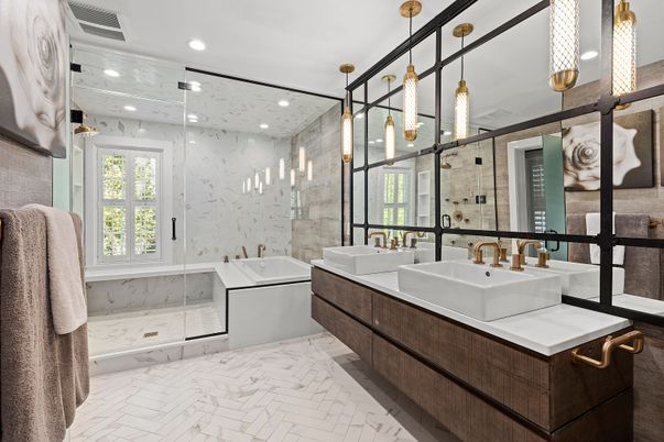 Bathroom, Dual Sink Vanities, Glass Shower, Interior, Marble, Pendant Lights, Recessed Lighting
