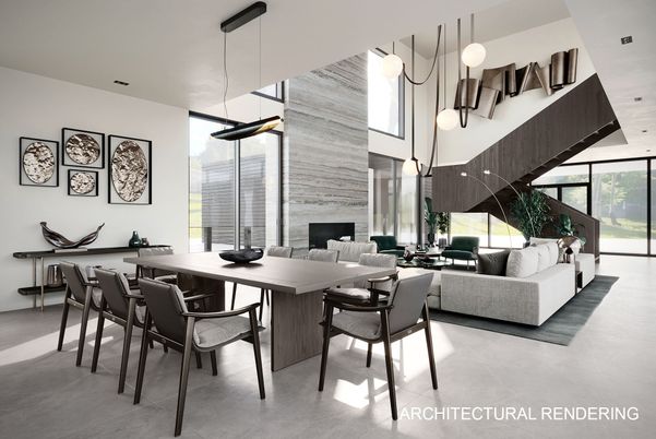 Dining room, Fireplace, Interior, Living room, Pendant Lights