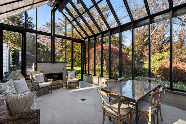 Dining room, Fireplace, Glass Ceilings, Interior, Sun Room