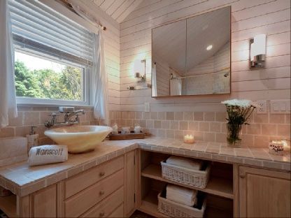 Bathroom, Interior, Tile Countertops, Wooden Walls