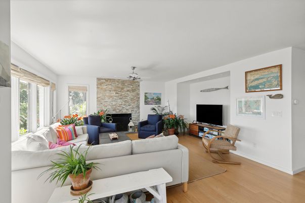 Fireplace, Interior, Living room, Stone Walls, Wood Texture Flooring
