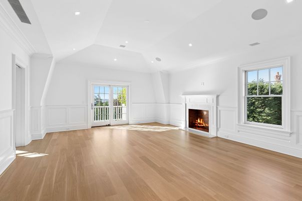 Empty room, Fireplace, Interior, Recessed Lighting, Wood Texture Flooring