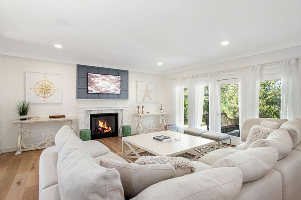 Fireplace, Interior, Living room, Recessed Lighting, Wood Texture Flooring