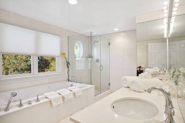 Bathroom, Dual Sink Vanities, Glass Shower, Interior, Recessed Lighting