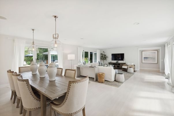 Dining room, Interior, Living room, Pendant Lights, Recessed Lighting, Wood Texture Flooring