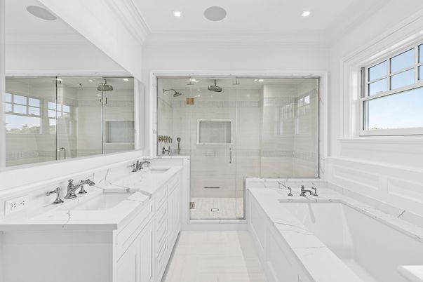 Bathroom, Dual Sink Vanities, Glass Shower, Interior, Recessed Lighting