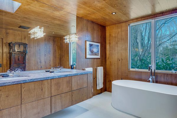 Bathroom, Dual Sink Vanities, Free Standing Baths, Interior, Recessed Lighting, Wooden Ceilings, Wooden Walls