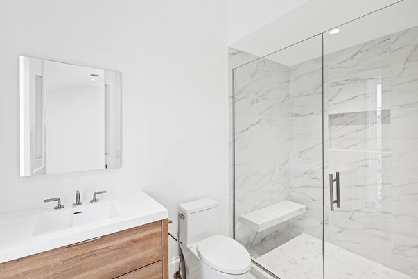 Bathroom, Glass Shower, Interior, Marble Walls, Recessed Lighting
