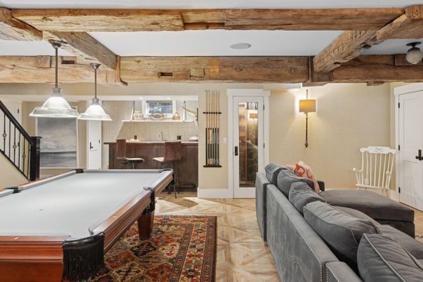Billiard Table, Game Room, Interior, Pendant Lights, Wooden Beams