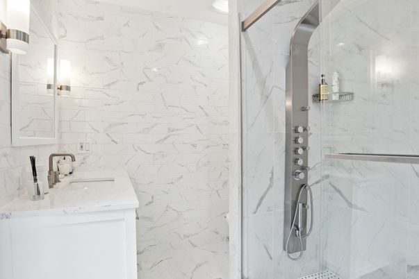 Bathroom, Glass Shower, Interior, Marble Walls