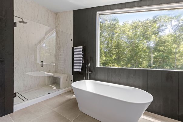 Bathroom, Free Standing Baths, Glass Shower, Interior, Marble Walls