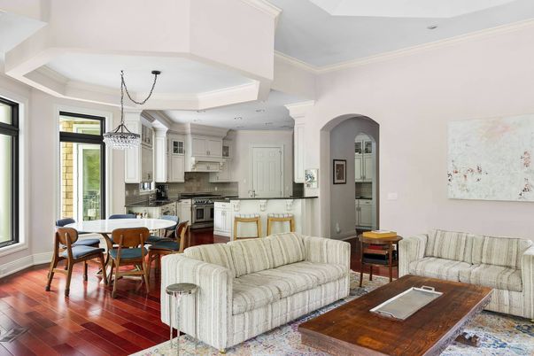 Chandelier, Dining room, Interior, Kitchen, Living room, Pendant Lights, Recessed Lighting, Wood Texture Flooring
