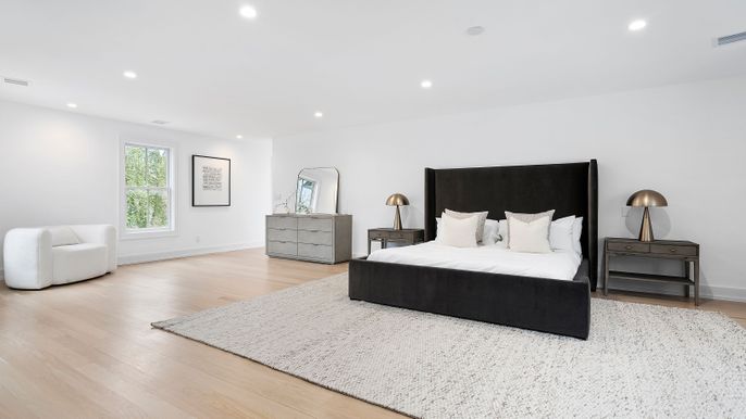 Bedroom, Interior, Recessed Lighting, Wood Texture Flooring