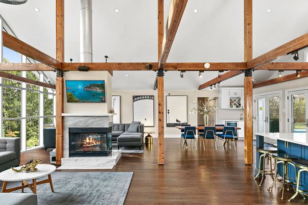 Dining room, Fireplace, Interior, Living room, Recessed Lighting, Wooden Beams, Wood Texture Flooring