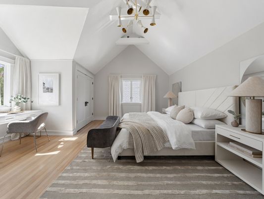 Bedroom, Chandelier, Interior, Wood Texture Flooring