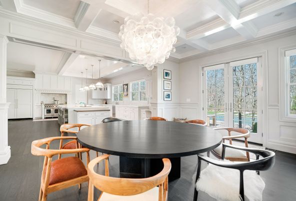 Chandelier, Dining room, Interior, Kitchen, Pendant Lights, Recessed Lighting, Stainless Steel Appliances, Wood Texture Flooring