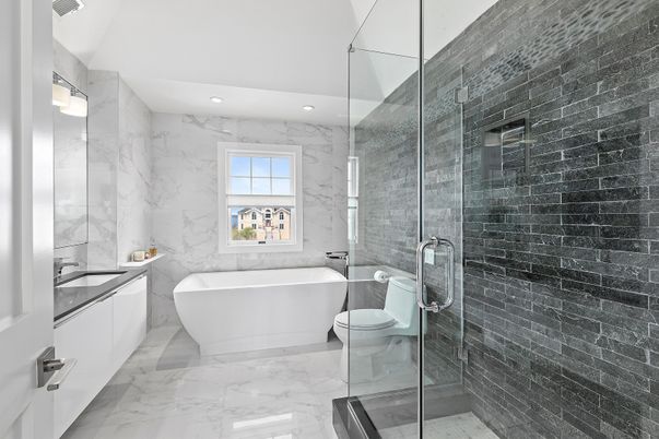 Bathroom, Dual Sink Vanities, Free Standing Baths, Glass Shower, Interior, Marble, Marble Walls, Recessed Lighting