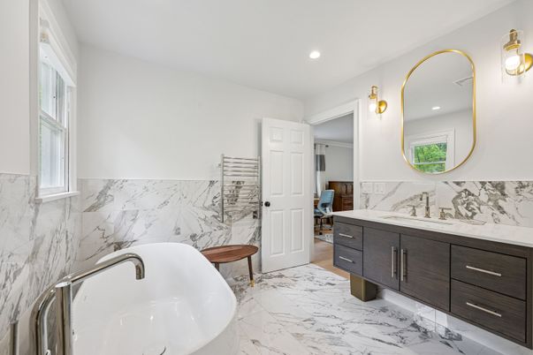 Bathroom, Dual Sink Vanities, Free Standing Baths, Interior, Marble, Marble Walls, Recessed Lighting