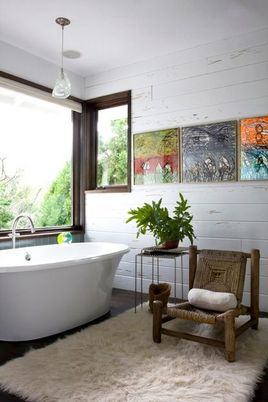 Bathroom, Free Standing Baths, Interior, Pendant Lights, Wooden Walls