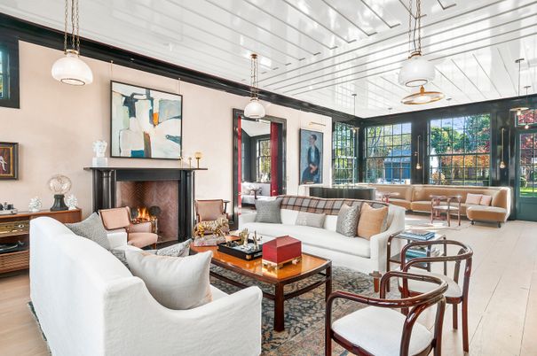Fireplace, Interior, Living room, Pendant Lights, Wood Texture Flooring