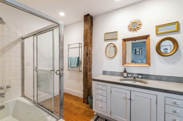 Bathroom, Glass Shower, Interior, Recessed Lighting, Wood Texture Flooring
