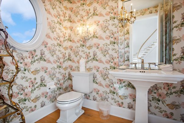 Bathroom, Chandelier, Interior, Wood Texture Flooring