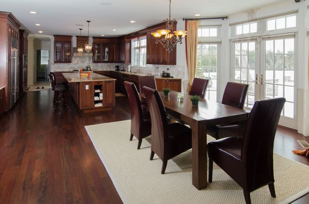 Chandelier, Dining room, Interior, Kitchen, Pendant Lights, Recessed Lighting, Wood Texture Flooring