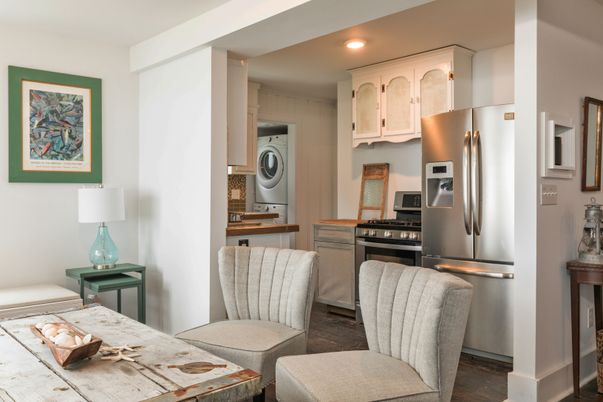 Interior, Kitchen, Recessed Lighting, Stainless Steel Appliances, Washer, Wood Texture Flooring
