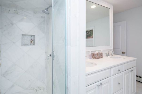 Bathroom, Glass Shower, Interior, Marble Walls, Recessed Lighting