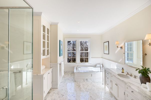 Bathroom, Glass Shower, Interior, Marble, Recessed Lighting